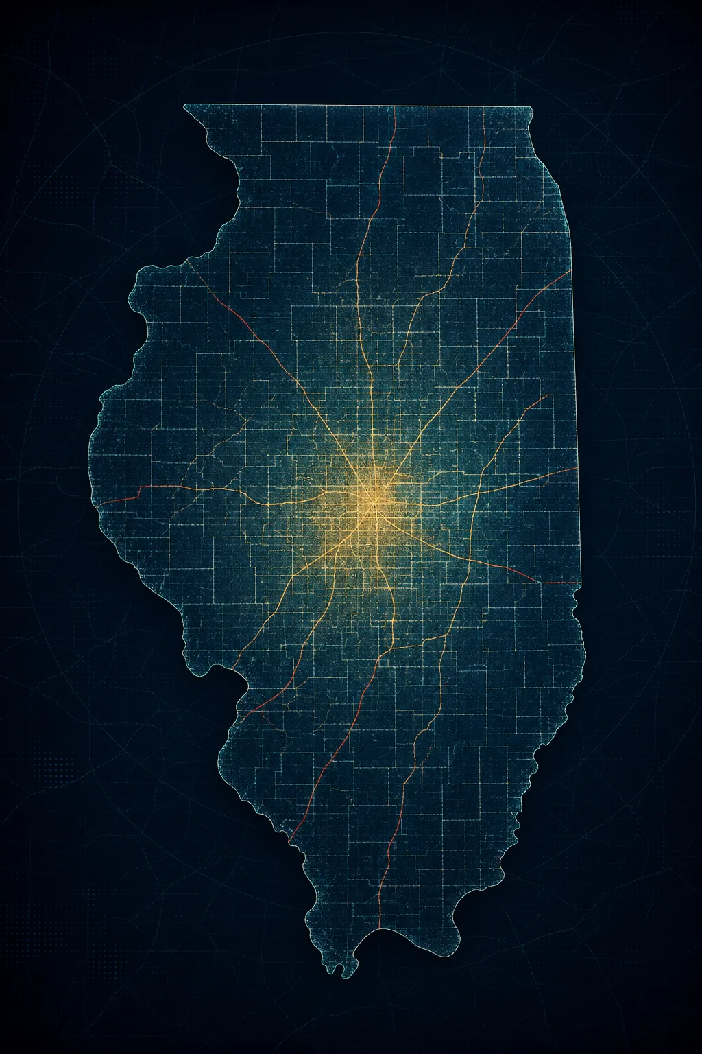 Stylized Illinois map with highlighted central Illinois routes